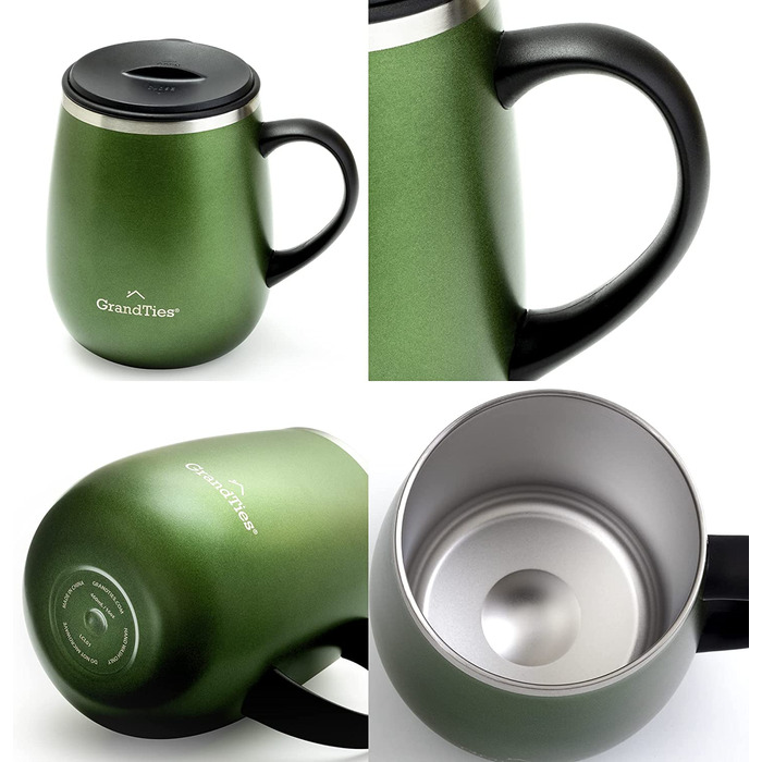 Термокружка Grandties з ручкою та кришкою-ковзавкою - 480 мл, подвійні стінки з нержавіючої сталі, для гарячих та холодних напоїв (Смарагдово-зелений металік)