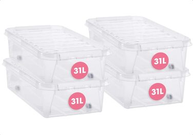 Коробка для зберігання під ліжком SmartStore з кришкою 31 л - 4 прозорі пластикові коробки, які можна штабелювати, з застібкою-кліпсою білого кольору - пластик без вмісту BPA та безпечний для харчових продуктів - 72 x 40 x 19 см 31 л 4 пачки
