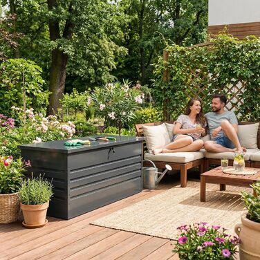 Водонепроникна садова скриня Grindi Morus 600л для подушок, інструментів, вуличний ящик для зберігання на балкон, терасу, в гараж (Сірий)