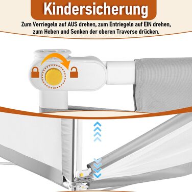 Бортики для ліжка дитячі Ikodm 2x200 см + 1x180 см, регульовані по висоті (64-96 см), сірі, з U-подібними ніжками, захист від випадання