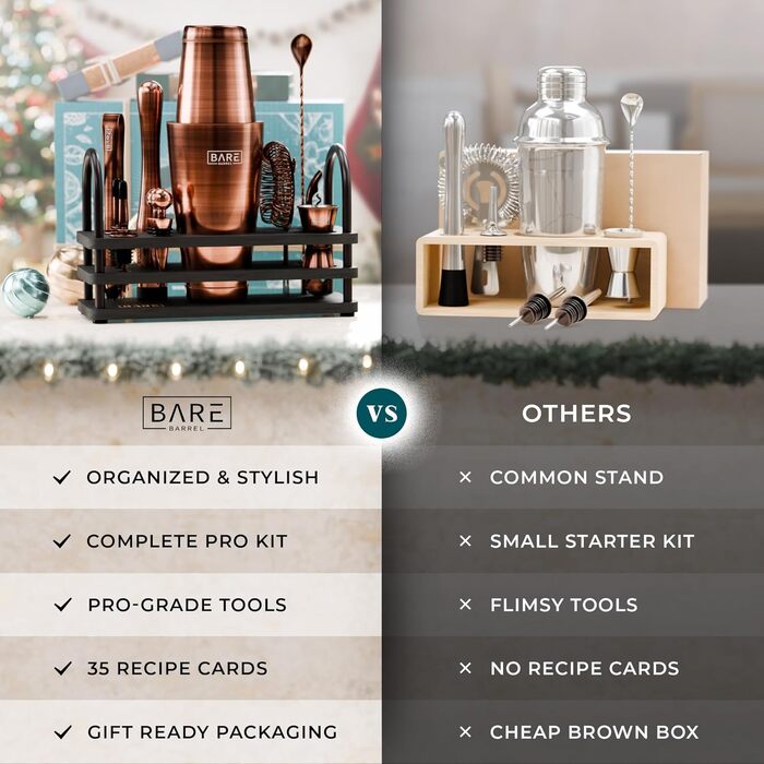 Набір бармена Bare Barrel Pro Mixology: 14 предметів, Boston Shaker (28oz), стійка, 35 рецептів, подарунковий набір