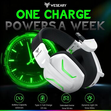 WG1 Bluetooth ігрова гарнітура з мікрофоном, бездротова, 2.4G, для PS5, PS4, PC, Switch, Mac, з LED підсвічуванням, шумозаглушення, 50 годин роботи, Satinweiß (Upgrade-Xbox, Quantum White)