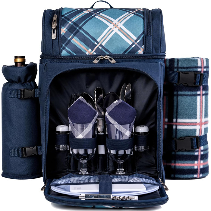 Рюкзак для пікніка ALLCAMP на 2 особи, блакитний, з набором посуду та термосумкою для пляшки/вина