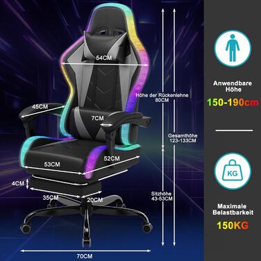 Ігровий крісло Devoko з LED підсвічуванням – ергономічне, з масажем та регульованою підніжкою, спинка 90-135°, для геймерів до 150 кг, захист зору, блакитний (сірий)