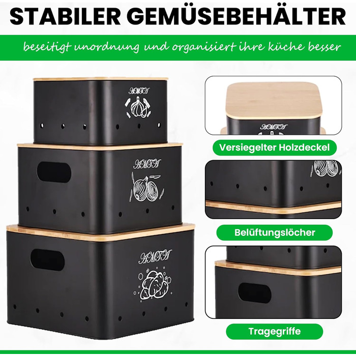 Набір контейнерів для зберігання картоплі, цибулі та часнику (3 шт) – Преміум-контейнери з циркуляцією повітря, вінтажний стиль, чорний колір
