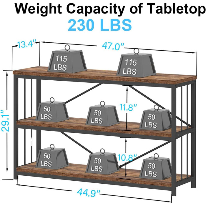 Низька полиця для книг IBF з 3 ярусами, індустріальний стиль, метал та дерево, 120x34x74 см, коричневий