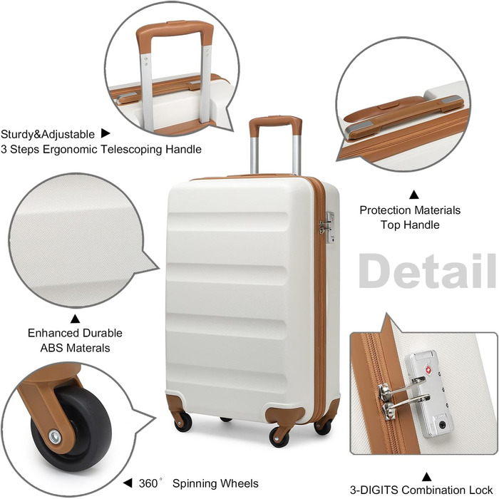 Чемодан-валіза KONO Trolley: легкий, з ABS-пластику, середній, 4 колеса, кремовий