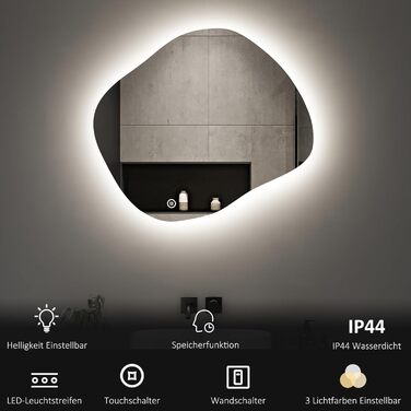 Асиметричне дзеркало для ванної кімнати Boromal з підсвічуванням 80x80 см LED, сенсорний вимикач, 3 кольори світла, регулювання яскравості