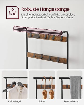 Стійка для одягу VASAGLE з полицею для взуття, 4-в-1, 9 гачків, 33.7 x 72 x 183 см, індустріальний дизайн, горіхово-коричневий/чорний