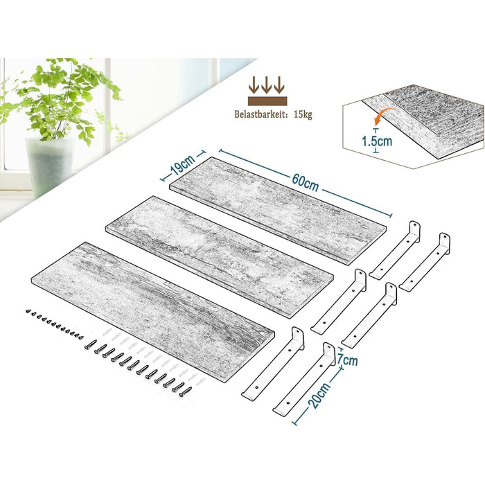 Полиця настінна EUGAD 3 шт., плаваючі полиці 60 см, дерев'яний декор вінтаж, настінні полиці для вітальні, кухні, офісу, ванної, витримує до 15 кг/полиця, коричневий вінтаж