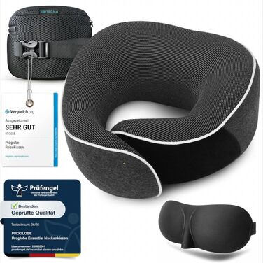 Подушка для шиї ProGlobe, 100% Memory Foam, ортопедична, для подорожей (літак, авто, поїзд), з маскою для сну, сітчаста сумка (темно-сірий)