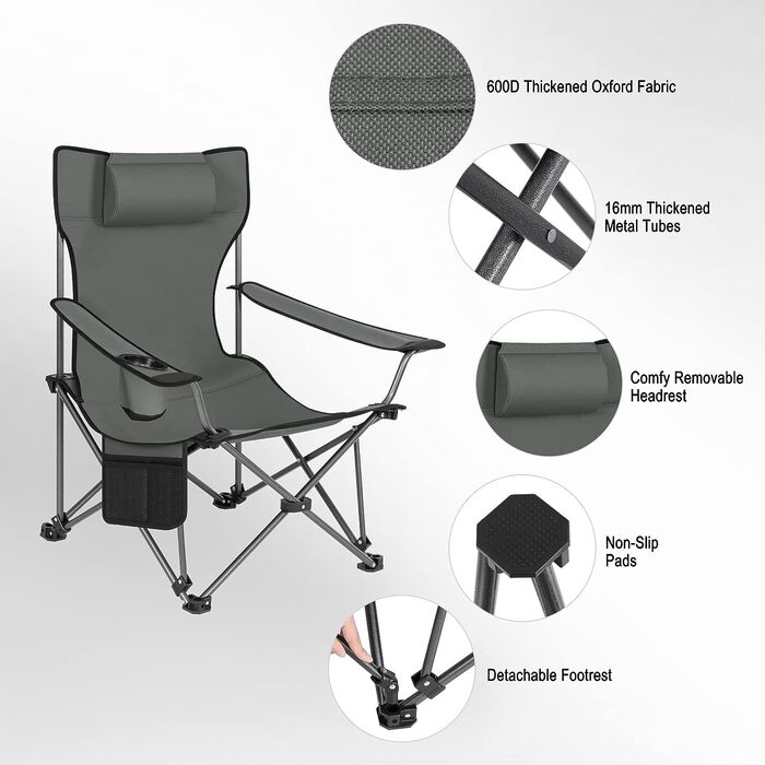Набір з 2 кемпінгових крісел складний, розкладний стілець Шезлонг для вулиці, рибальське крісло Сонцезахисне крісло ультралегке з підлокітниками та підстаканником CPS8148bl-2 (сірий)
