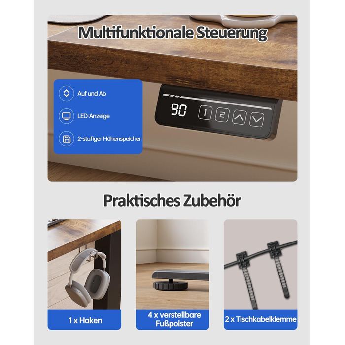 Електричний регульований стіл Devoko 120x60 см, стабільний офісний стіл, стіл для стоячи/сидячи, комп'ютерний стіл з функцією пам'яті, (Коричневий)