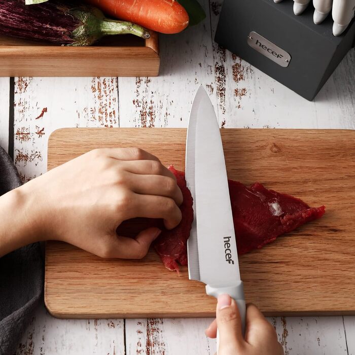 Набір ножів Hecef 14 предметів з дерев'яним блоком, професійний набір кухонних ножів з нержавіючої сталі, з шліфувальником, ножицями та ножем для стейка (сірий)