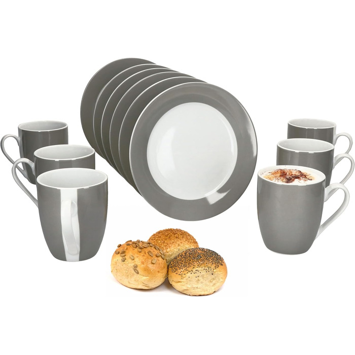 Набір посуду MamboCat Grau 12 предметів: 6 тарілок та 6 чашок 350 мл, 10,3 см, для 6 осіб, порцеляна