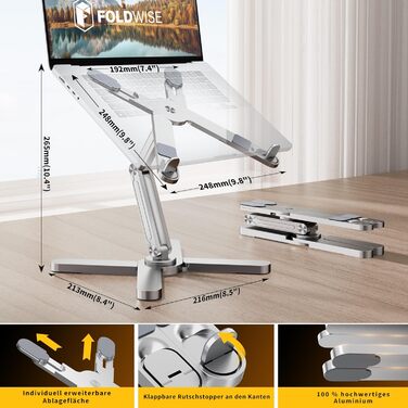 Підставка для ноутбука FoldWise X – алюміній, 360° обертання, регульована висота та кут нахилу – стабільна та портативна підставка для MacBook та комп'ютерів 11-18 дюймів (срібна)