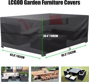 Водонепроникний чохол для садово-патіо меблів 600D Oxford, захист від вітру, пилу, UV-випромінювання (242x162x100 см)