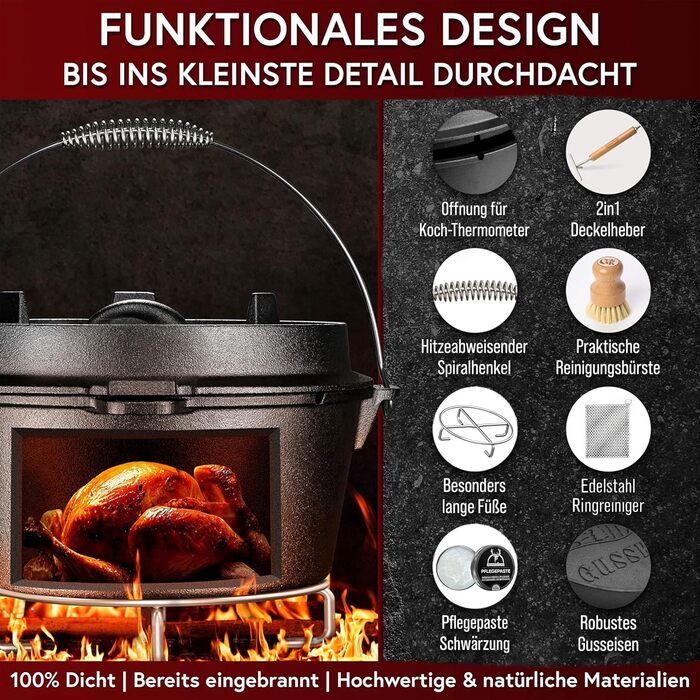 Набір Dutch Oven з емальованого чавуну 4.5л (2-4 особи) – голландська піч, каструля для тушкування з ніжками, подвійна функція – з кришкою-підйомником, очисником, щіткою та книгою рецептів – 30 років гарантії