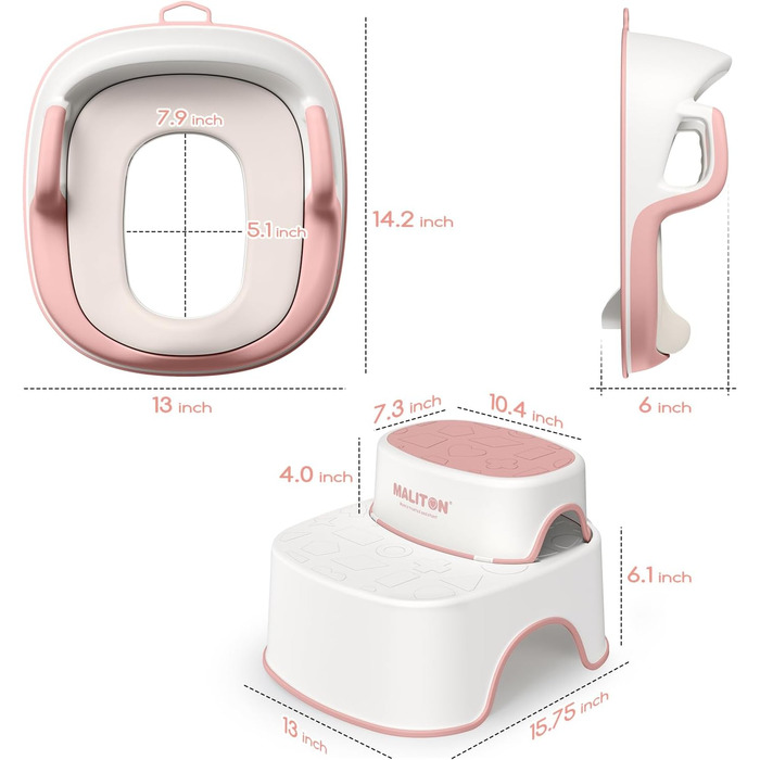 Унітаз дитячий Maliton з підставкою 2-ступінчастою для дітей 1-8 років, біло-сірий (Рожевий)