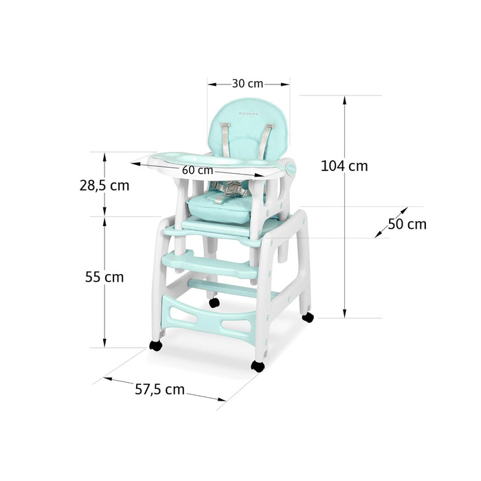 Дитячий стільчик Ricokids Sinco 5в1 - регульований, з функцією гойдання, 3 положення спинки (Турквіс)