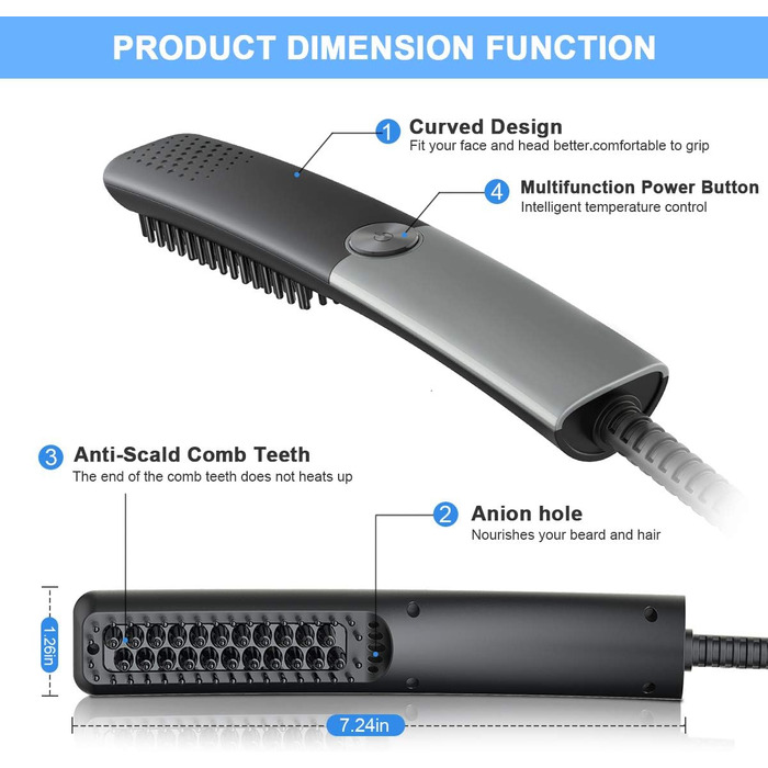 Гребінець для випрямлення бороди для чоловіків, Електричний випрямляч для волосся Lidasen Щітка для бороди Швидка безпечна регульована температура до 200C, 2 в 1 Преміальна іонна щітка для волосся та бороди Випрямляч