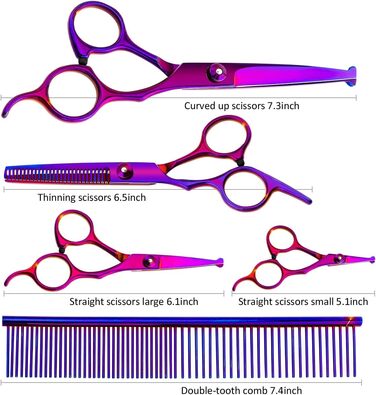 Професійний набір для догляду за домашніми тваринами з 5 предметів спеціально розроблений для кішок і собак, включає в себе прямі ножиці, проріджуючі ножиці, захисні ножиці з круглою головкою, вигнуті ножиці і гребінець фіолетово-рожевого кольору