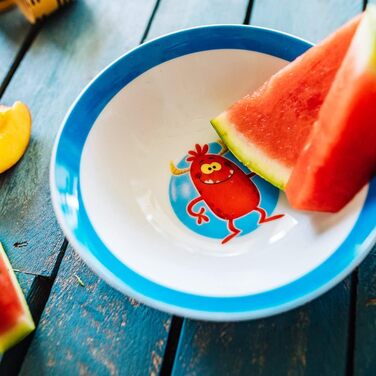 Набір дитячого посуду BIOZOYG з порцеляни (3 шт.): тарілка, чашка, миска. Безпечний, миється в посудомийній машині. Чудовий подарунок для дітей з веселим дизайном (монстр).