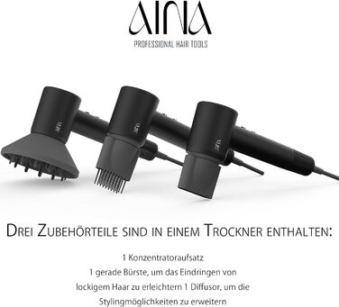 Високошвидкісний іонний фен для волосся AINA з безщітковим двигуном 160 000 об/хв, набір з дифузором, гребінцем та соплом, чорний (3A)