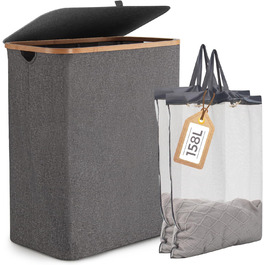 Кошик для білизни Rieeyrslza з кришкою 158л з бамбука та тканини Оксфорд, знімні мішки для білизни, складний сортер для білизни, багатофункціональний кошик для зберігання (сірий)