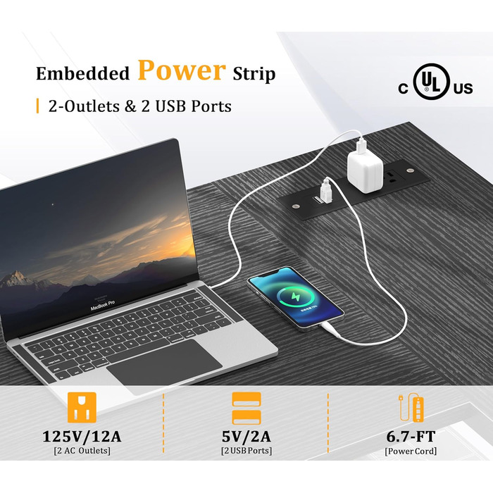 L-подібний письмовий стіл з розетками та USB, 119,8 см, універсальний офісний кутовий стіл для невеликого приміщення, чорний, з органайзером і гачками