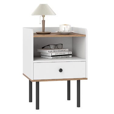 Нічний столик COSTWAY з шухлядою та відкритою полицею, металеві ніжки, 40.5 x 35 x 56 см, білий