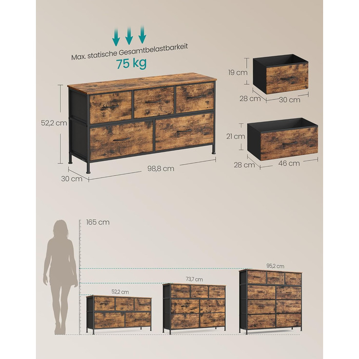 SONGMICS Комод з 7 висувних ящиків, шафа для зберігання, сталь, MDF, фліс, для спальні, коридору, вітальні, кольори: білий, коричневий, чорний (LGS323WH01)