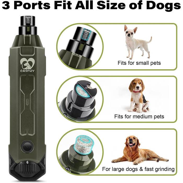Точилка для кігтів Casfuy для собак 6-ступінчаста - новітня точилка для кігтів для домашніх тварин, надтиха, що перезаряджається, електрична точилка для кігтів для великих, середніх і маленьких собак (армійського зеленого кольору)