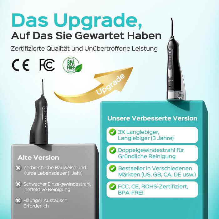 Портативна електрична душова насадка COSLUS: 300 мл, IPX7, 5 насадок, для догляду за порожниною рота, білий (чорний)