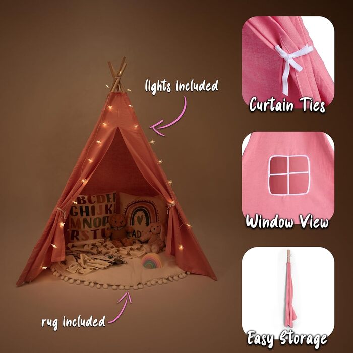 Дитяче намету для ігор | Ігровий намет-тіпі для дівчаток та хлопчиків, 140 x 120 см, бавовняна тканина з зірками, килимок в комплекті (Pink Blush)