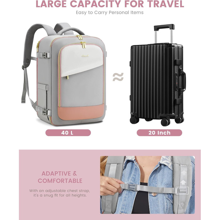 LOVEVOOK Рюкзак для ручної поклажі, жіночий/чоловічий, 40L, водонепроникний, з відділенням для взуття, 17 дюймів для ноутбука, сірий+рожевий+бежевий