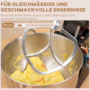 Кухонна машина HOMCOM 1400W з чашею 5.5л з нержавіючої сталі, 6 швидкостей, міксер для тіста, з набором насадок