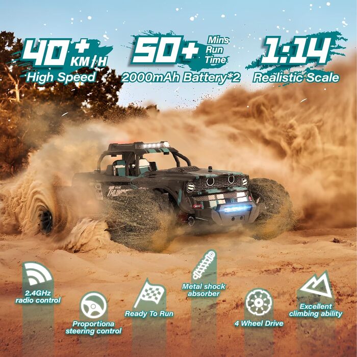 Радіокерований позашляховик Monstertruck 1:14 4WD 40 км/год з двома акумуляторами, світлодіодами, 2.4 GHz для піску, бруду - ідеальний подарунок для дітей та дорослих