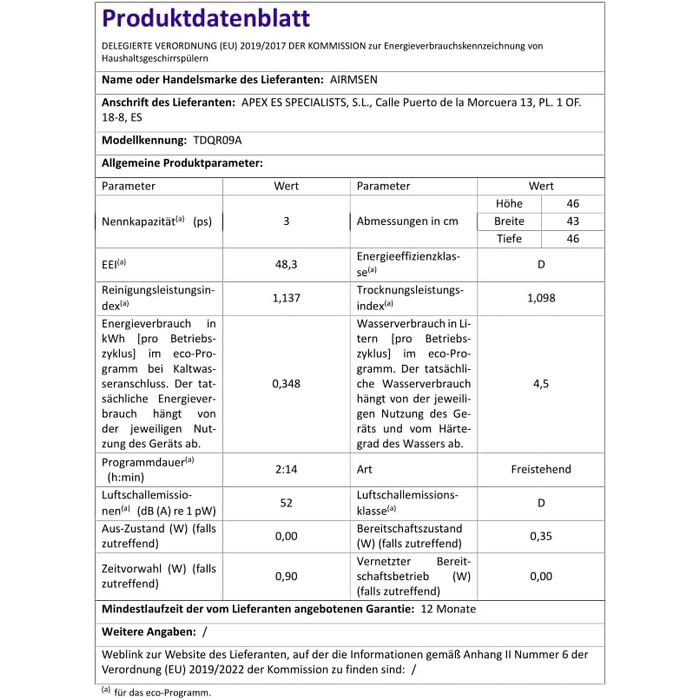 Mini посудомийна машина AIRMSEN з 8+3 програмами, 5л, система пом'якшення води, таймер, дитячий замок, білий/чорний