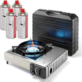 Газовий балонний нагрівач Gaskocher 1-flammig: портативний газовий нагрівач для кемпінгу та відпочинку на природі, 2.2 кВт, з п'єзозапалюванням та кейсом (+4 балончики)