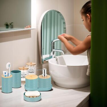 Набір аксесуарів для ванної кімнати IMAVO, 9 предметів: смітник, дозатор мила, мильниця, тримач для зубних щіток, стакан для щіток, тримач для унітазного йоржика, дозатор для ватних паличок (блакитний, 26 предметів + ПВХ-штора для душу + килимки)