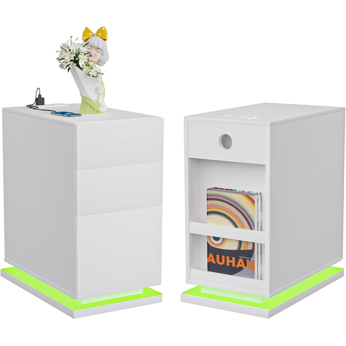 Вузька приліжкова тумба Lvhecforhm з LED підсвіткою, біла, з розеткою і USB, 16 режимів підсвічування, 50x30x63 см, для спальні та вітальні, глянцева