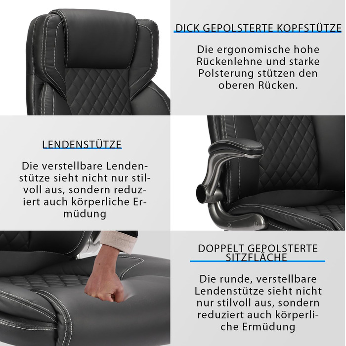 Ергономічне крісло для офісу 180 кг, крісло для столу з високою спинкою та широким сидінням, відкидні підлокітники, комп'ютерне крісло для офісу, дому, геймінгу (Чорний, без масажу)