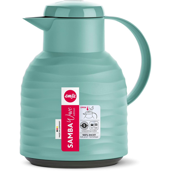 Термос Emsa Samba Wave Isolierkanne, 1 літр, Quick Press, скло, зелений, Made in Germany