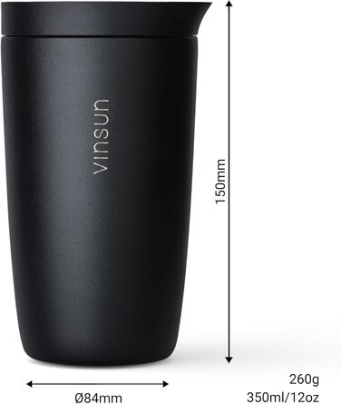 Термокружка VINSUN 350 мл, не протікає, з нержавіючої сталі, для гарячих та холодних напоїв, з Quick Press кришкою, для авто, університету (Чорний)