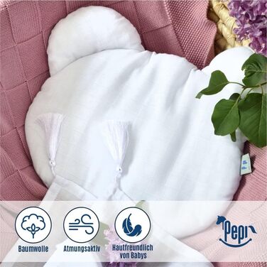 Дитяча подушка Pepi Bear Muslin 38 x 30 x 2 см - Бавовняна подушка дитяча - Дитяча подушка - Декоративна подушка дитяча - Подушка Kids Cuddly Pillow (біла)