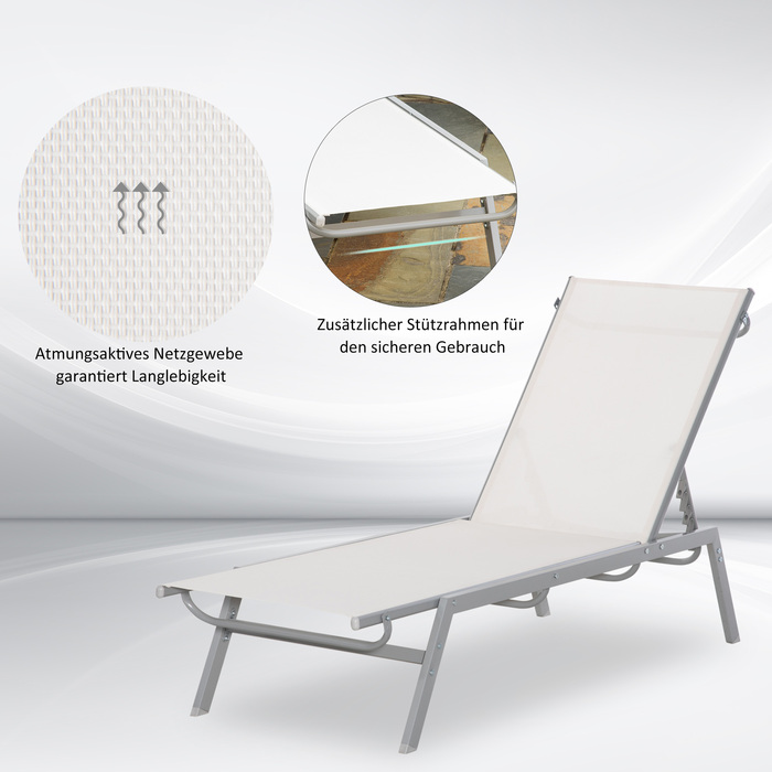 Outsunny Sun Lounger Садовий шезлонг з регульованою подушкою 5-ступінчастою спинкою Металева сітка тканина кремовий білий 170x58x97см для патіо та балкона