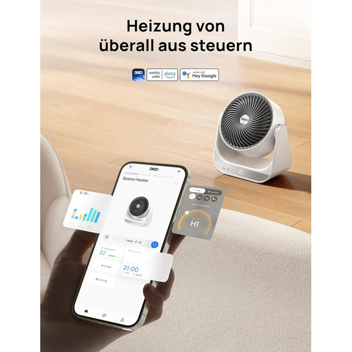Електричний обігрівач Dreo 714S: 2000W, з пульт та термостат, 7 режимів, захист від перегріву та перекидання, білий, для дому