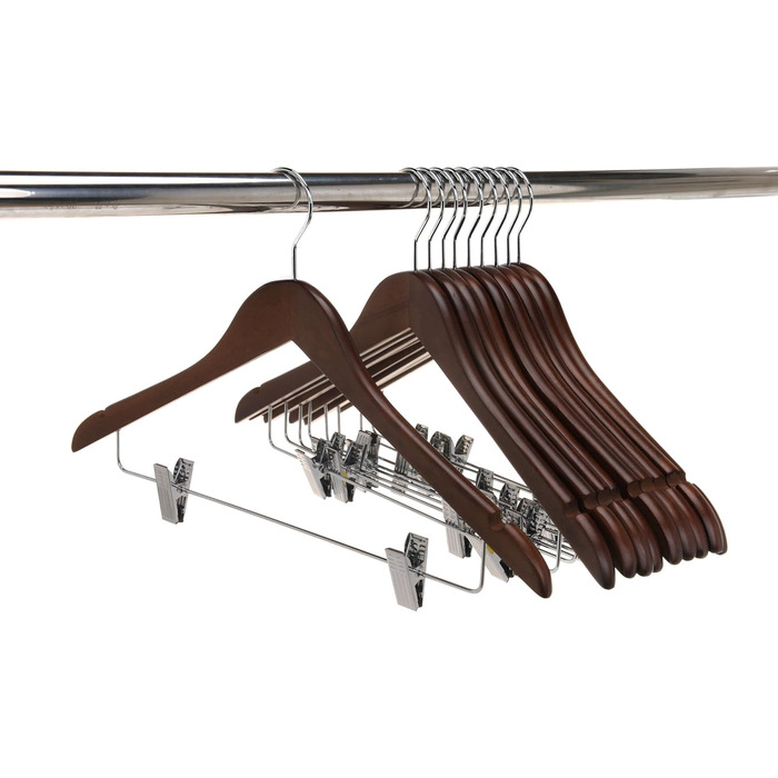 Дерев'яні вішалки для одягу з кліпсами (20 шт.), масивне дерево, вішалка для штанів, регульовані металеві кліпси, поворотний гачок, для пальто, сорочок, костюмів (Волоський горіх - Хромований гачок)