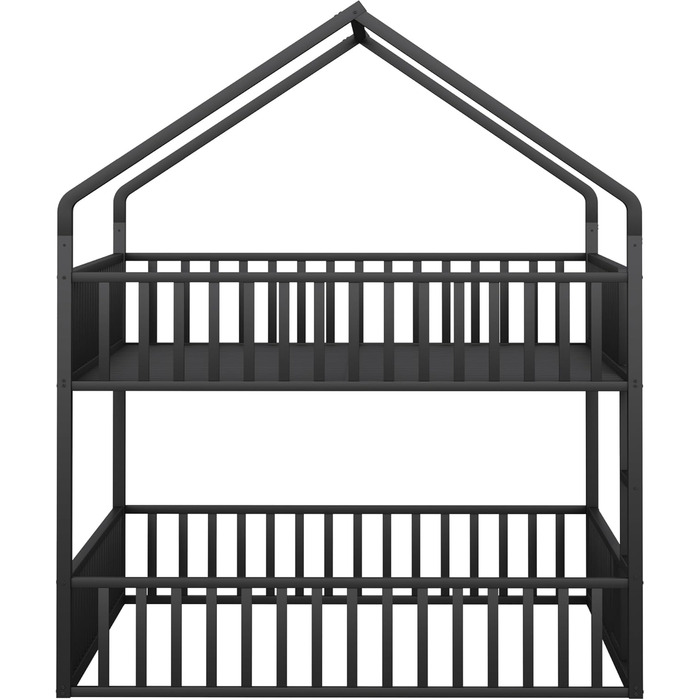 Двоярусне ліжко 140x200 см для 2 дітей, з будиночком, сходами та дверцятами, металеве, з захистом від падіння та ламелями (чорне)